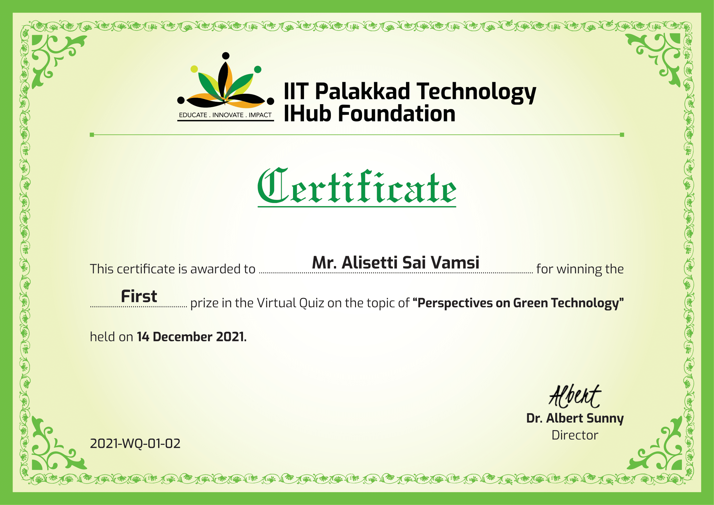 First Place in IIT Palakkad Technology IHub Foundation Green Technology Quiz